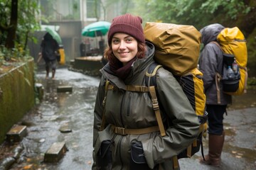 Fototapeta premium A woman wearing a green jacket and a red hat is smiling while standing in the rain. She is carrying a backpack and a handbag