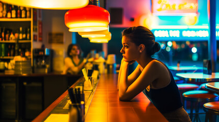 Poster with young woman at the bar in an empty night diner, lonely customer, bright neon light, concept of loneliness and the importance of psychotherapy for help and support, space for concept