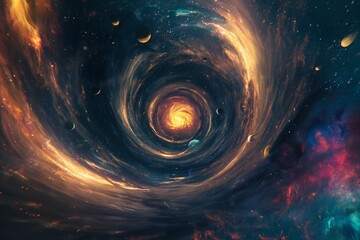 A depiction of a time travel gateway, a swirling vortex located at the center of a galaxy, with stars and planets swirling around it. 8k