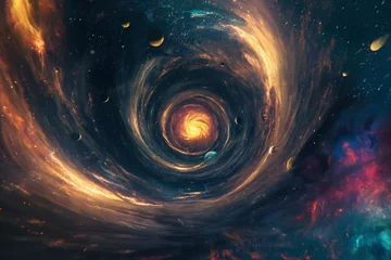 Poster A depiction of a time travel gateway, a swirling vortex located at the center of a galaxy, with stars and planets swirling around it. 8k © Muhammad