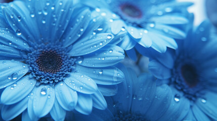 Close up gerbera flowers with water drops in blue