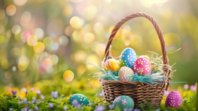 easter basket with ornate colourful easter eggs in green grass Generative AI