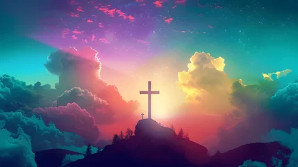 Foto op Plexiglas Jesus cross symbol on colorful clouds background. Generative AI colorful clouds background with Christian cross in the middle. Christian religion Cross on spiritual background. © Prasanth