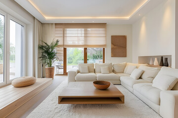 Modern living room with a wooden table in Japanese style