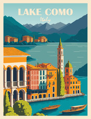 Travel Destination Posters in retro style. Lake Como Italy print with old traditional buildings, mountains landscape. European summer vacation, holidays concept. Vintage vector colorful illustration.