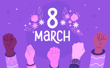 International women's day banner with rised up hands 8 march