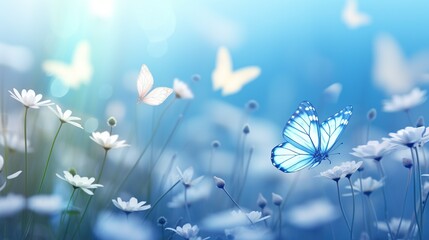 Beautiful soft pastel blue and white flowers with butterflies. Selective focus. Delicate floral on blue turquoise background.