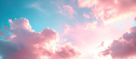 The sky is painted in soft pastel hues of pink and blue as fluffy clouds fill the horizon during...