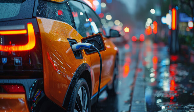 Orange electric car charging on a rainy city street at night. Sustainable urban transport and electric mobility concept.Saving, climate change..