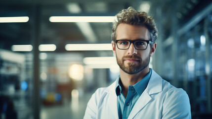 Fototapeta na wymiar Person. Portrait of Bioengineer on a blurred background in the laboratory