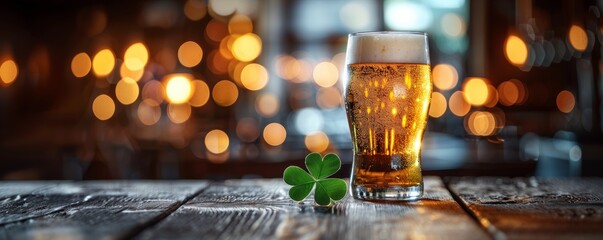 Craft beer pint and four-leaf clover on wooden bar counter. Traditional St Patrick day drink in Irish pub. Celebrating happy holiday with alcohol. - Powered by Adobe