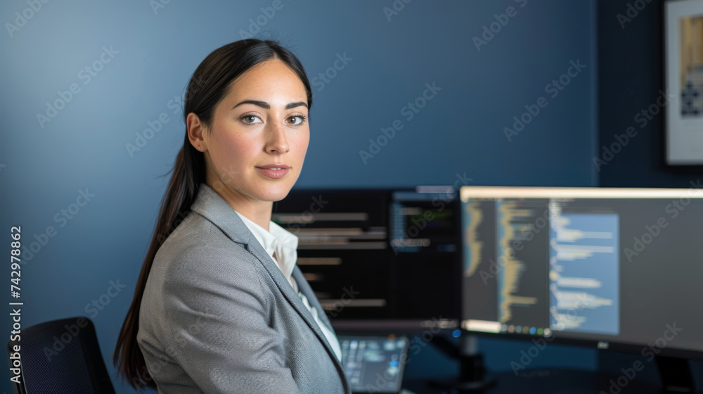 Poster a professional woman is seated in front of multiple computer monitors displaying financial data, sug