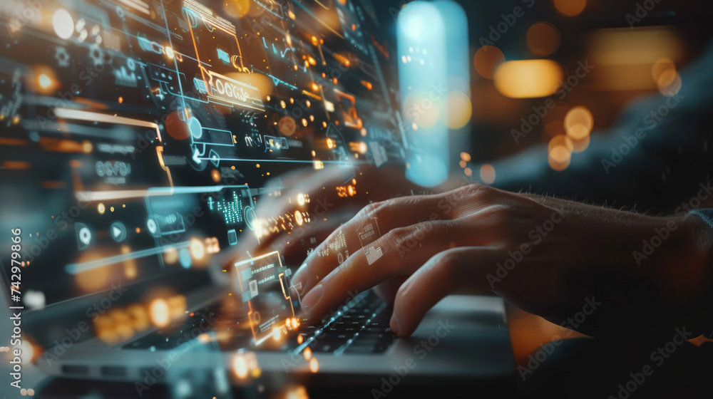 Poster hands typing on a laptop with a futuristic cybersecurity interface overlay.