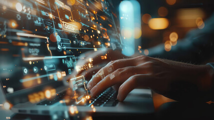 Hands typing on a laptop with a futuristic cybersecurity interface overlay.