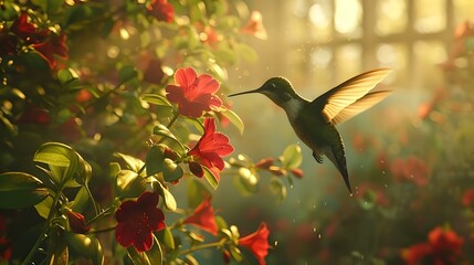Graceful hummingbird hovering near red flowers in a golden lit garden