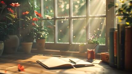 Serene morning with sunlight filtering through window onto writing desk