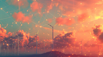 concept idea eco power energy. wind turbine on hill with orange sunset