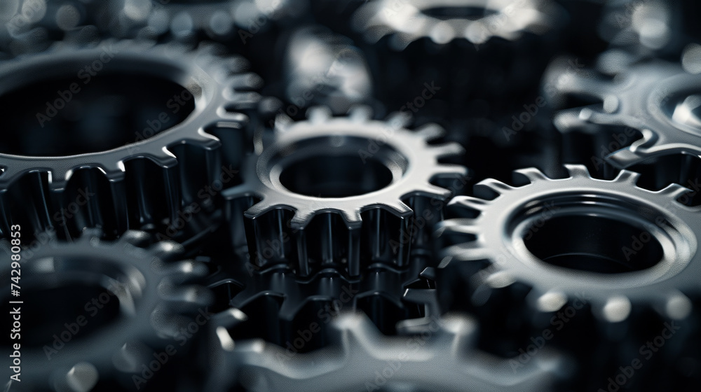 Poster close-up of interlocking gears or cogs, highlighting the intricate details and textures of the metal