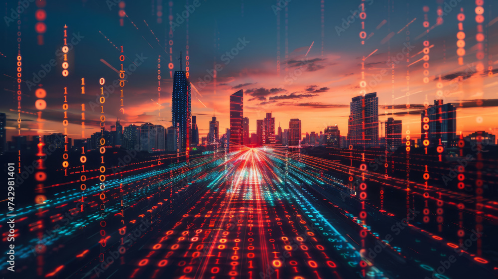 Poster city skyline at sunset is superimposed with glowing digital binary code lines, symbolizing a high-te