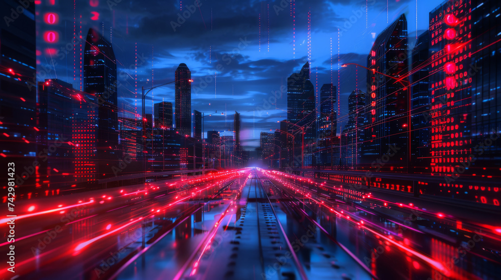Poster city skyline at sunset is superimposed with glowing digital binary code lines, symbolizing a high-te