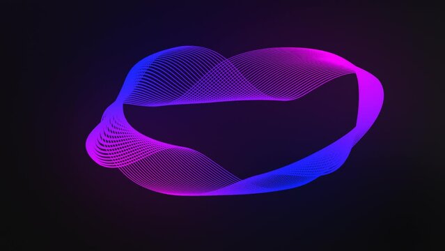 Circular shape with blue and pink gradient made with changeable parallel lines that transition, overlap and metamorphose with a copy space to insert text in the center