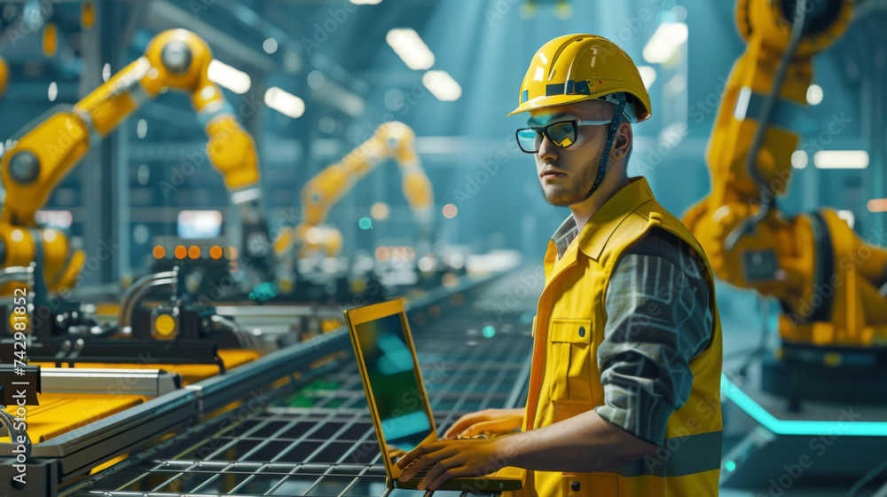 Poster an engineer in a visor and safety vest is using a tablet to monitor automated machinery within an ad