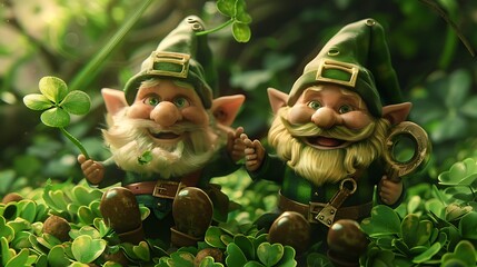 St. Patrick's Day Gnomes with shamrock and horseshoe - obrazy, fototapety, plakaty
