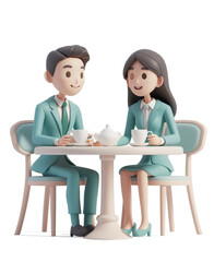 Fototapeta premium A guy and a girl are sitting at tables in a cafe. 3D style, isolated on white background 