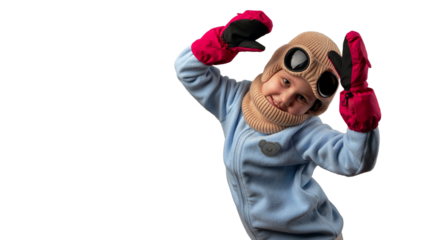 Child in warm goggle hat with mittens on hands. Png.