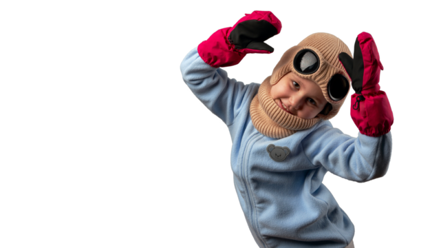 Child in warm goggle hat with mittens on hands. Png.
