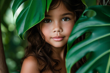 Youthful Beauty Embraced by Nature: Girl with Tropical Leaf
