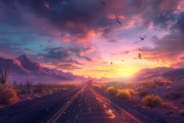 Naklejka na ściany i meble A highway in the desert leading to a sunrise that paints the sky in a spectrum of warm colors, with early birds soaring in the sky. The lighting is lively, capturing the vibrant essence