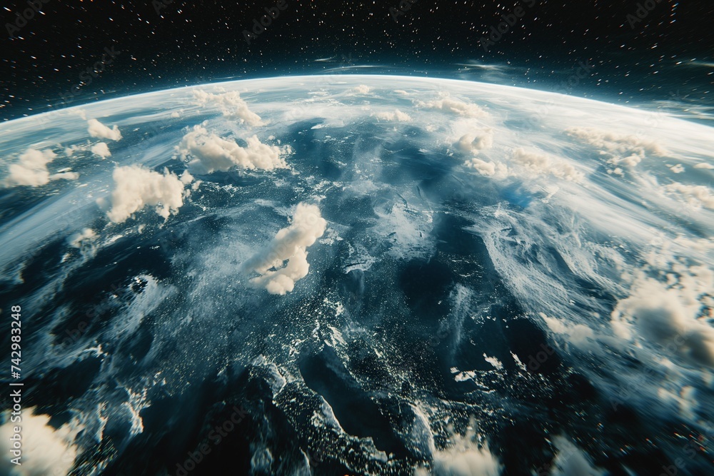 Poster a detailed panoramic view from space focusing on the dynamic and ever-changing cloud patterns over e