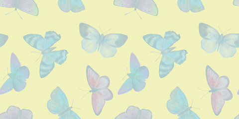 Fototapeta premium delicate butterflies of blue color isolated on light green background, seamless pattern