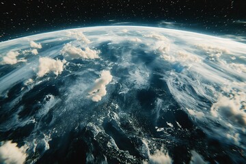 A detailed panoramic view from space focusing on the dynamic and ever-changing cloud patterns over Earth's oceans. 8k