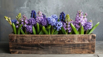 Wooden box with hyacinth flowers on a gray background, exuding botanical elegance - obrazy, fototapety, plakaty