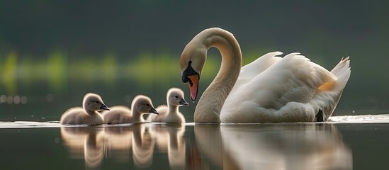 A family of swans gracefully swimming together in a serene lake. The adult swans lead the way as...