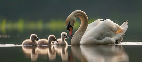 Rollo A family of swans gracefully swimming together in a serene lake. The adult swans lead the way as the nestlings follow closely behind, creating a beautiful sight of unity and togetherness. © TheWaterMeloonProjec