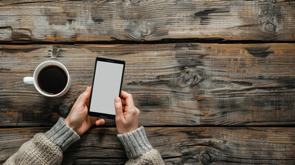 A person's hands are shown holding a smartphone with a cup of coffee on a wooden table, suggesting a moment of relaxation or connectivity. - obrazy, fototapety, plakaty