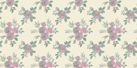 watercolor bouquets of flowers, seamless pattern, abstract background of flowers and leaves, peonies and roses, for wallpaper printing, wrapping paper, cards