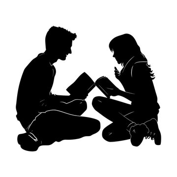 Silhouette teenager girl and boy reading book together black color only