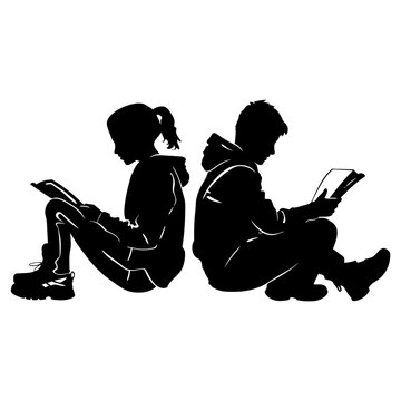 Silhouette teenager girl and boy reading book together black color only