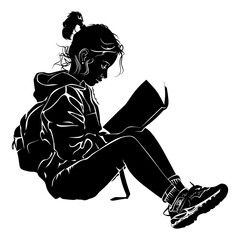 Silhouette teenager girl reading book black color only