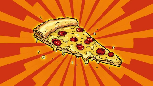 Cartoon pizza pop up on yellow sunburst background