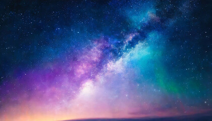 fantasy starry night sky in vibrant blue and purple hues, featuring galaxies and auroras