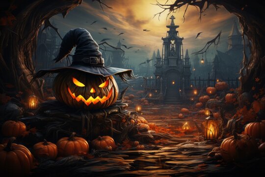 a pumpkin wearing a witch hat is sitting on a pile of pumpkins in front of a castle