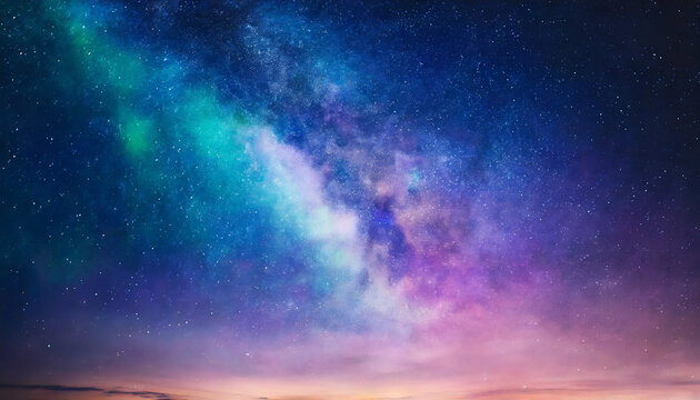 fantasy starry night sky in vibrant blue and purple hues, featuring galaxies and auroras