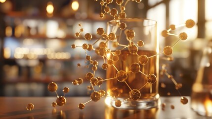 A detailed visualization of a caffeine molecule, transparent with subtle shades of brown and beige, set in a coffee research lab - obrazy, fototapety, plakaty