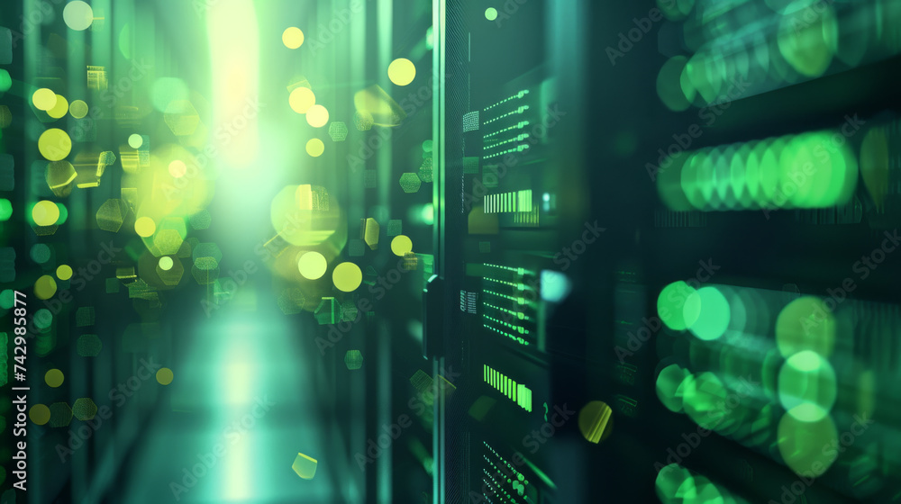 Poster blurred view of a data center with rows of server racks illuminated by blue and yellow led lights.