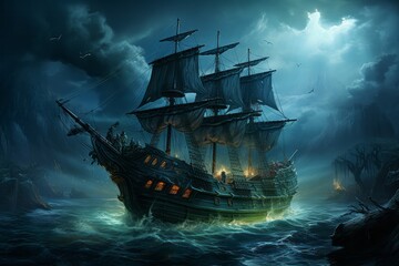 At night, a pirate ship floats on the water, under a cloudy sky - obrazy, fototapety, plakaty